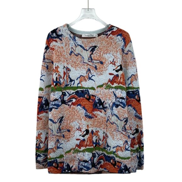 Christian Dior Equestrian Embroidered Cotton Long Sleeve Knit Sweater